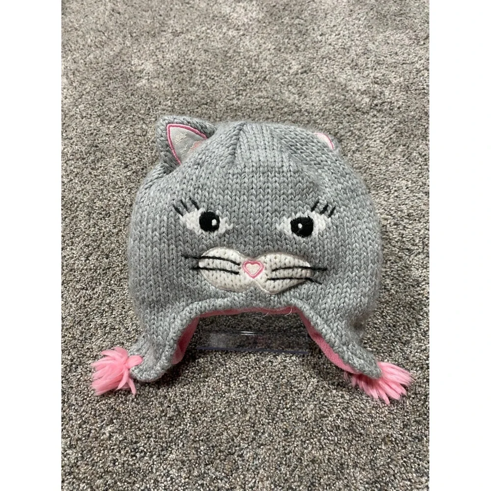 The Children's Place Knit Cat Hat Toddler Girls 2T-3T Grey Earflap Beanie